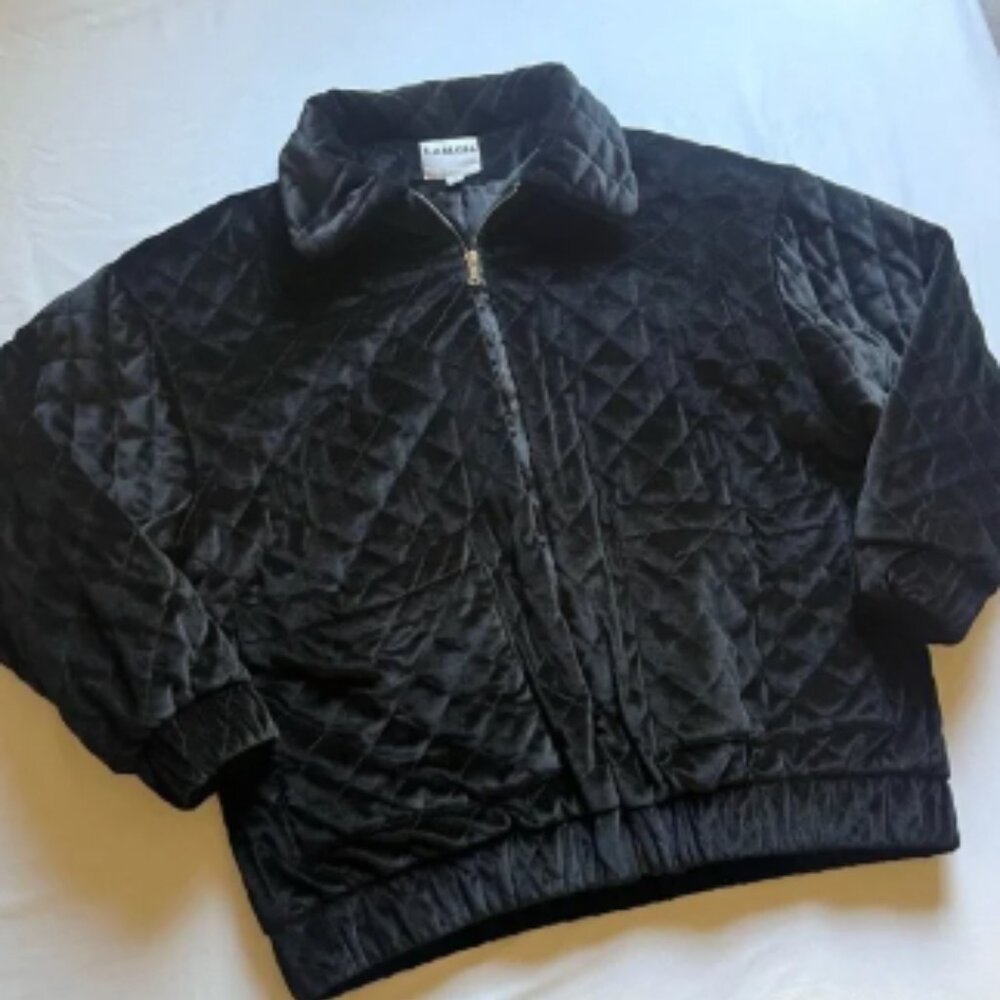 I AM GIA black quilted velvet zip up long sleeve bomber jacket
